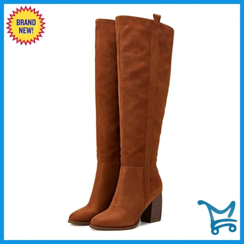 Faux Suede Over The Knee Boots Pointed Toe 3 Inch Heel Side Zipper Stretch